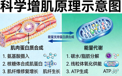 科学增肌原理示意图 - 展示肌肉蛋白质合成与能量代谢关系