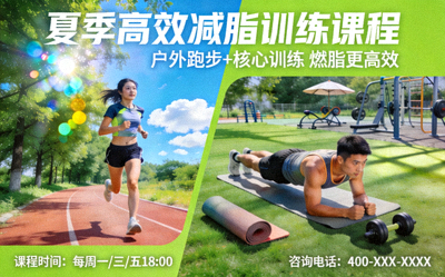 夏季高效减脂训练课程宣传图 - 户外跑步与核心训练场景