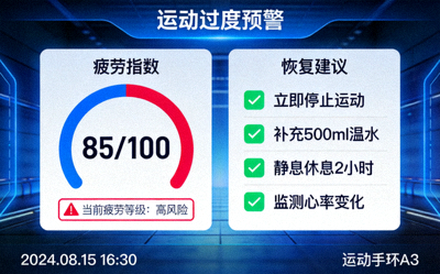 运动过度预警数据仪表盘截图 - 显示疲劳指数与恢复建议