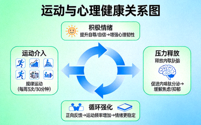 运动与心理健康关系图 - 展示压力释放与积极情绪循环